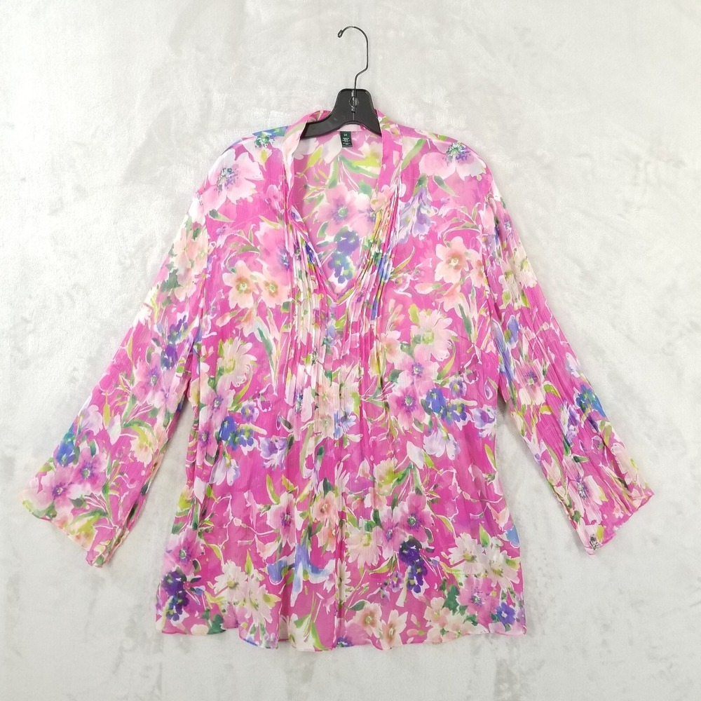 Lauren Ralph Lauren Blouse Women 3X 100% Silk Floral Pintuck Semi Sheer Boho Top